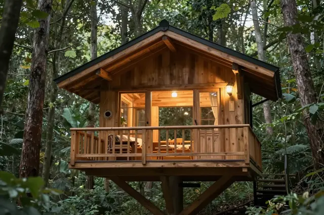 Warm lit wooden treehouse cabin sits nestled among dense green forest trees at dusk
