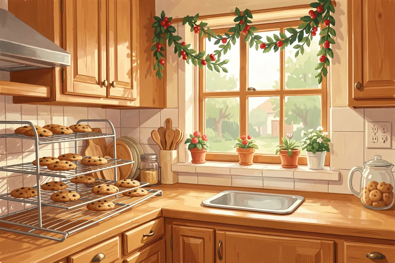 Warm gouache illustration of a sunlit kitchen with cooling chocolate chip cookies and a festive berry garland above the