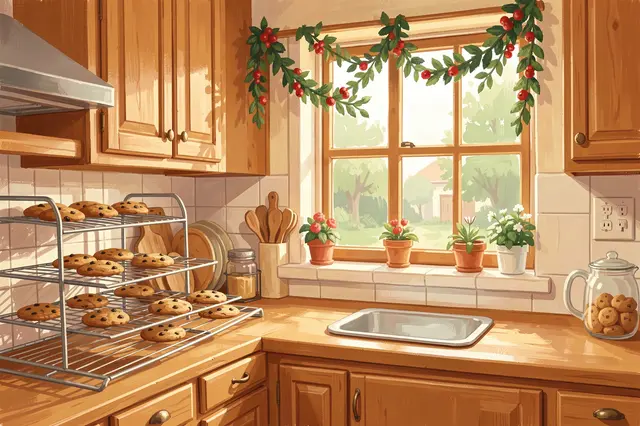 Warm gouache illustration of a sunlit kitchen with cooling chocolate chip cookies and a festive berry garland above the