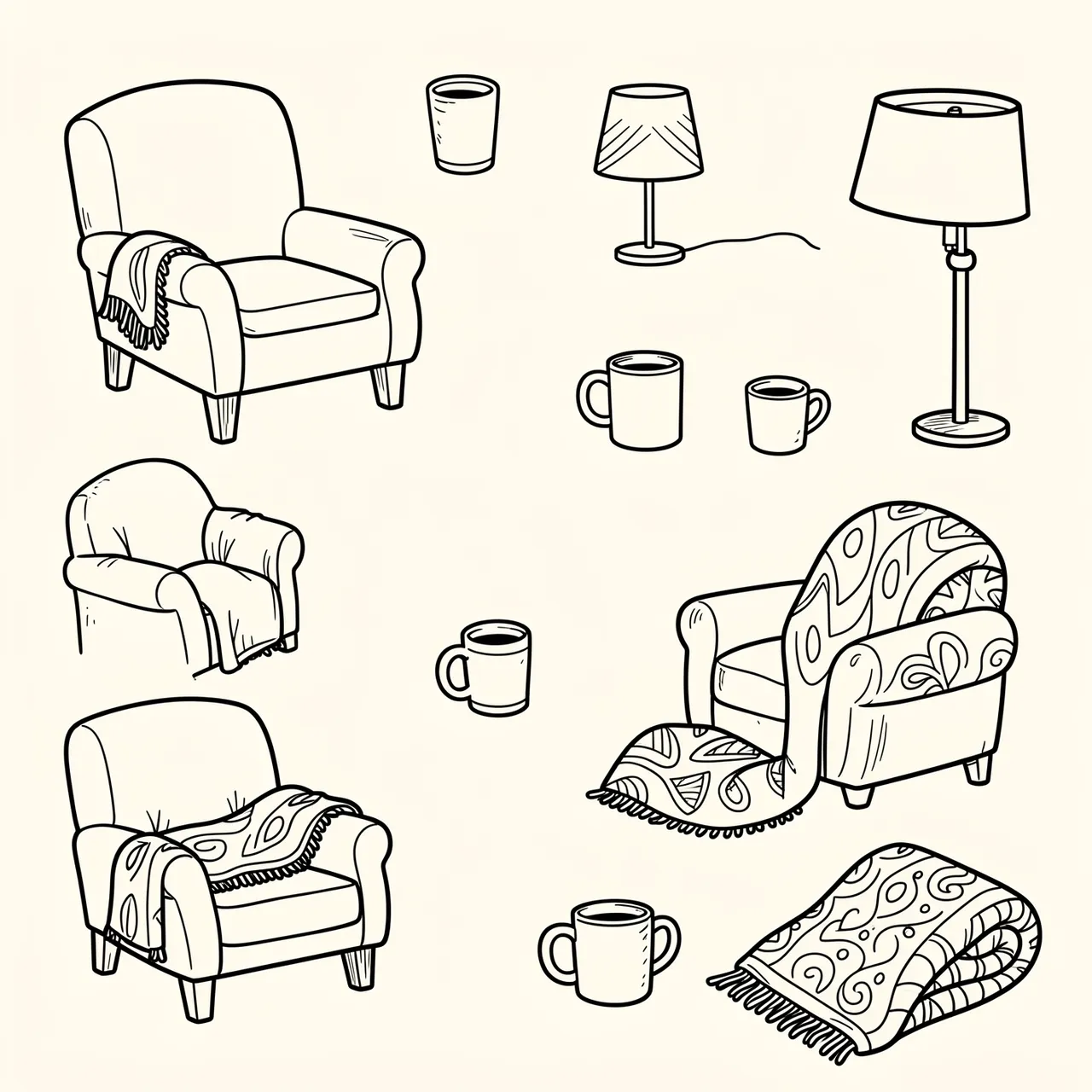 Monoline line doodles of armchairs, mugs, lamps and blankets arranged on an off-white background