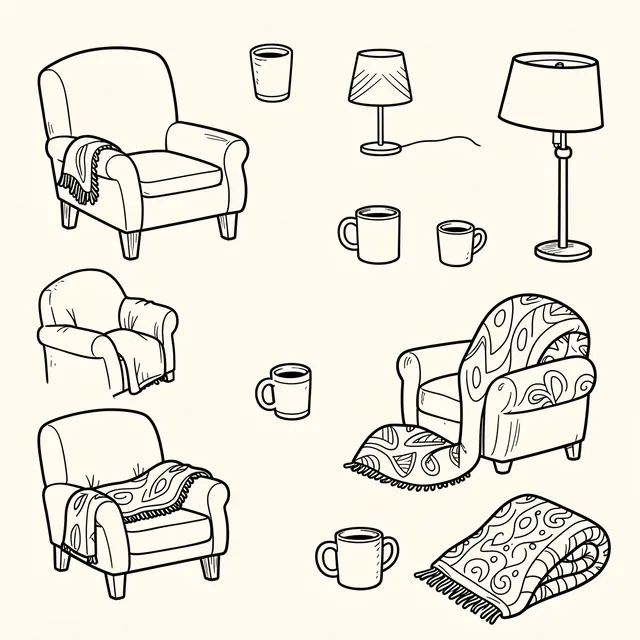 Monoline line doodles of armchairs, mugs, lamps and blankets arranged on an off-white background