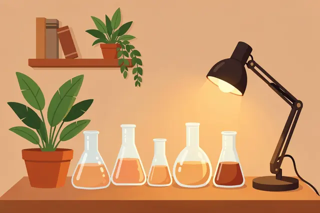 Warm flat vector illustration of a home lab desk with glassware, houseplants and a lit desk lamp