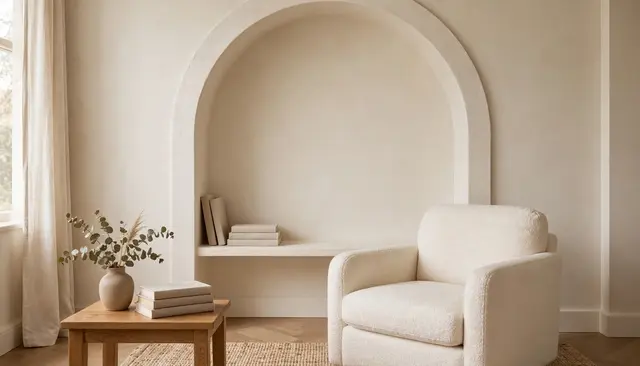 Soft neutral home library nook with arched alcove, cream armchair and stacked linen books