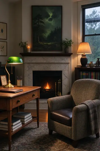 Warm lit home office with writing desk, tweed armchair, glowing fireplace and rainy window view