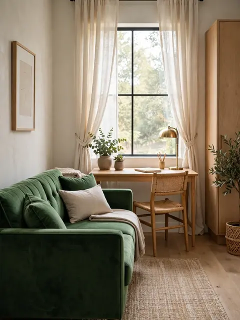 Bright home office with a green velvet sleeper sofa facing a slim oak desk beside a paned window.