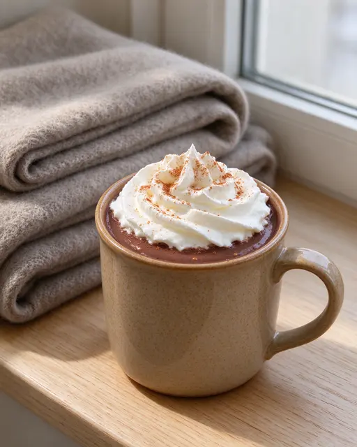 A mug of hot chocolate topped with whipped cream and cinnamon sits next to a folded wool blanket on a sunlit windowsill