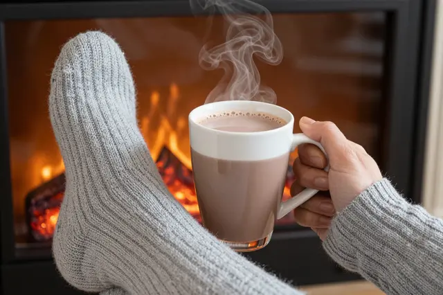 A person holds a steaming mug of hot cocoa with feet in knitted socks propped in front of a glowing fireplace