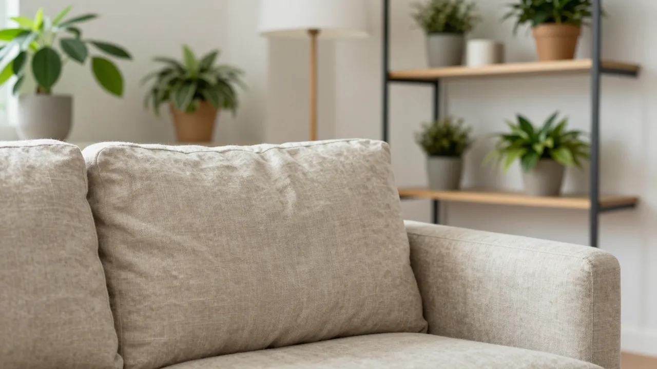 A partial view of a linen sofa with blurred potted plants and a floor lamp in the background