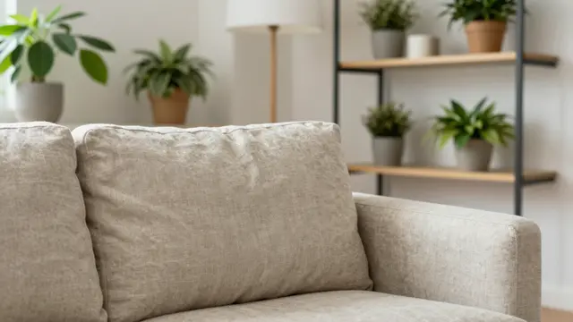 A partial view of a linen sofa with blurred potted plants and a floor lamp in the background