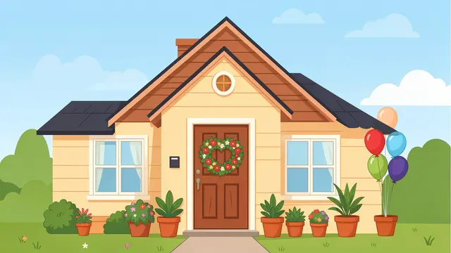 A cheerful illustrated beige cottage with a heart wreath, potted plants and housewarming balloons sits under a clear cloudy