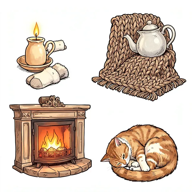 Set of hand-drawn cozy hygge illustrations including a candle, fuzzy socks, teapot, blanket, fireplace and curled ginger cat