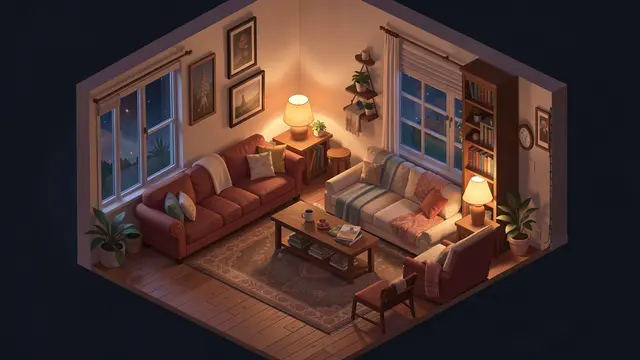 Top-down isometric view of a warm lit cozy living room interior at night against a dark background
