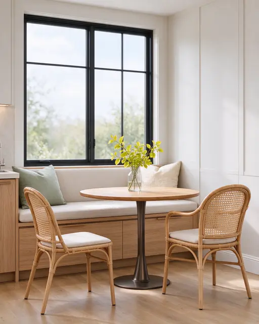 Sunlit built-in window seat with drawers flanked by two cane chairs around a small round wooden table