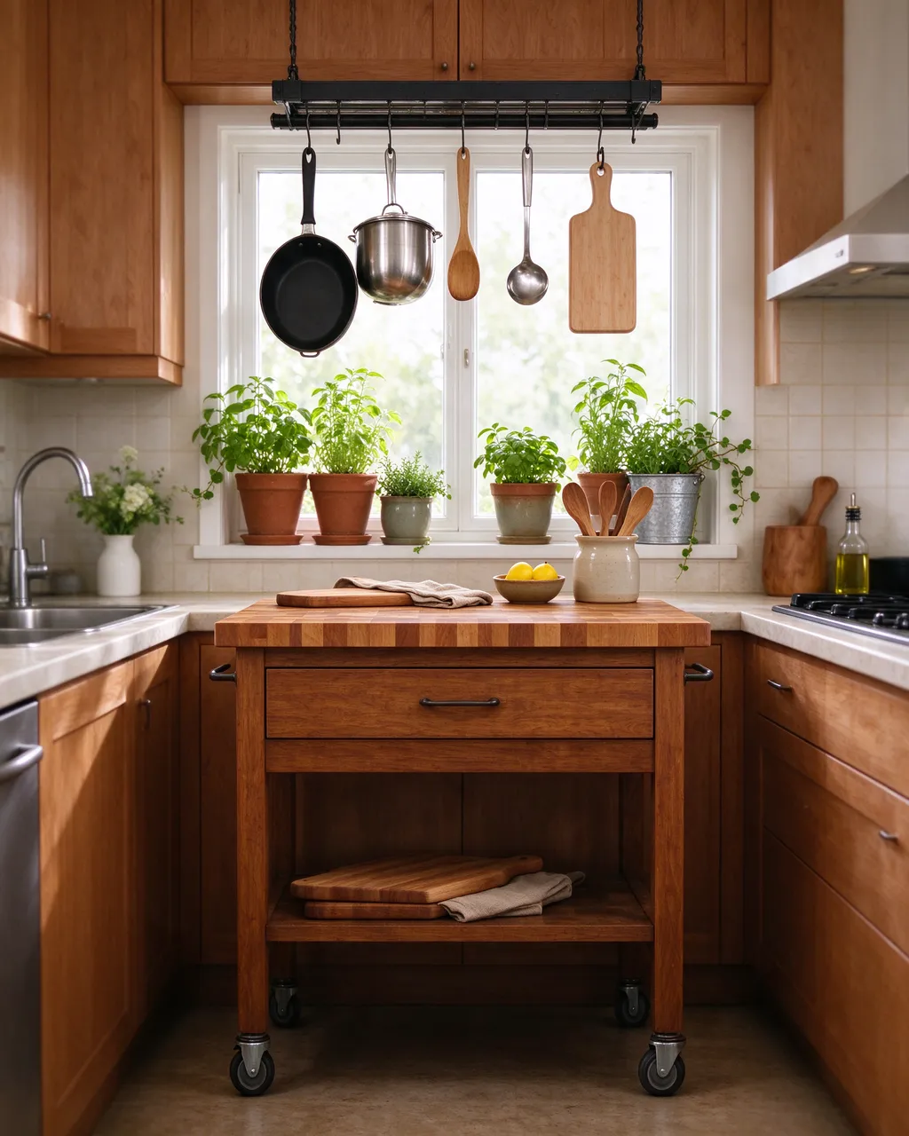 Wooden rolling butcher block cart sits in a sunlit kitchen beneath a hanging pot rail and potted window herbs
