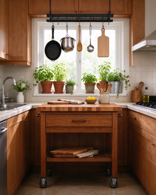Wooden rolling butcher block cart sits in a sunlit kitchen beneath a hanging pot rail and potted window herbs