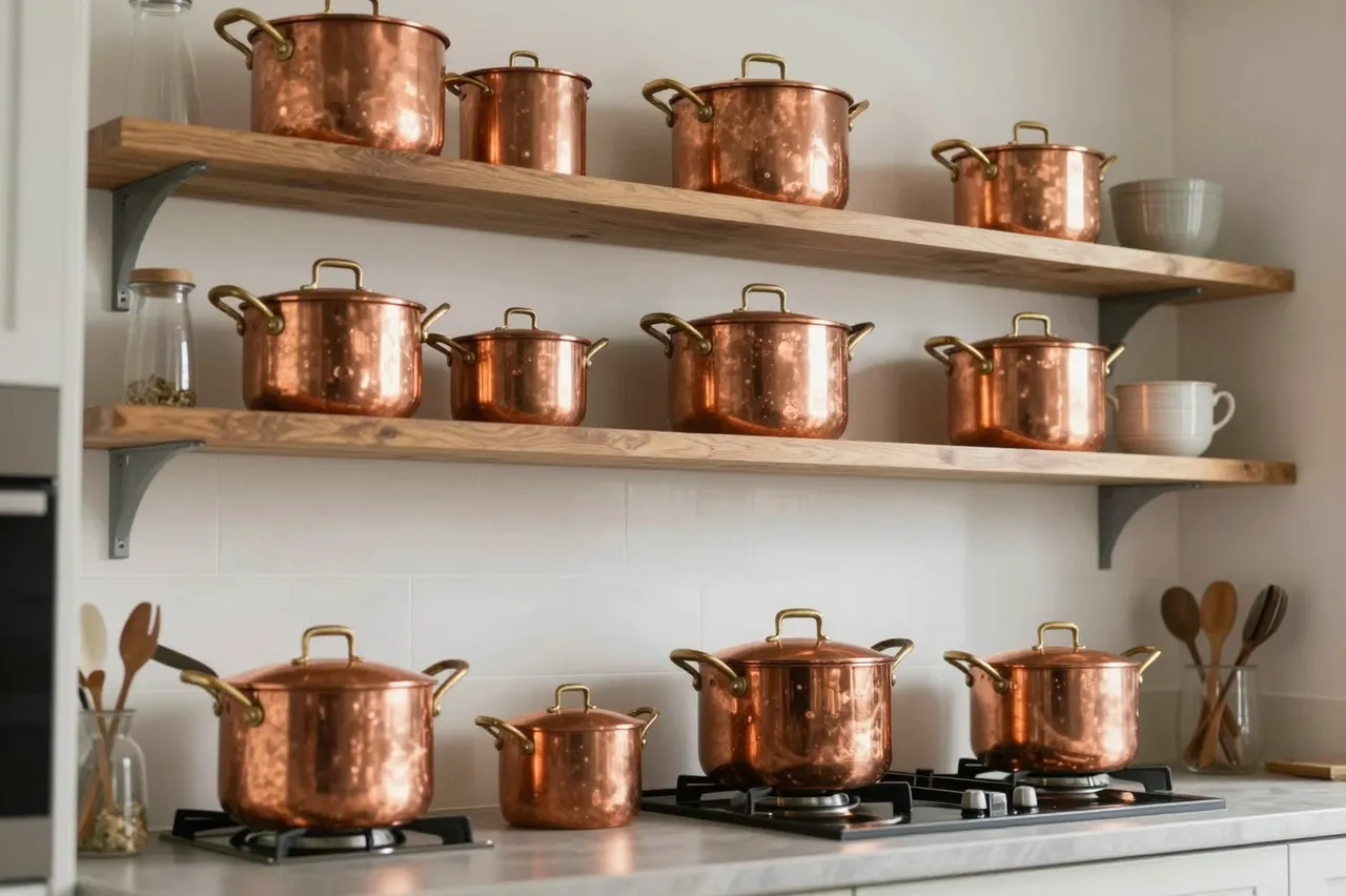 Polished vintage copper cookware displayed on wooden open kitchen shelves and a stovetop