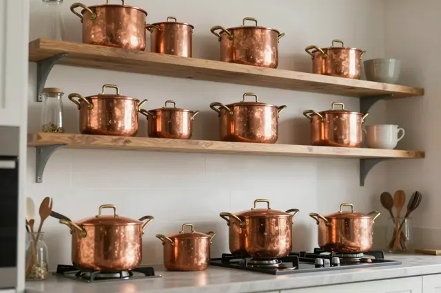 Polished vintage copper cookware displayed on wooden open kitchen shelves and a stovetop