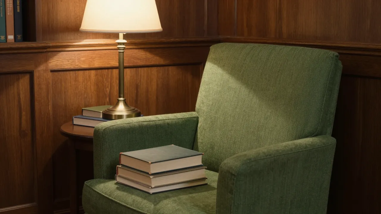 A green upholstered armchair sits beside a lit table lamp on a dark wood side table in a paneled library corner, with