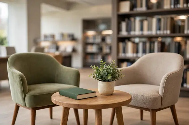 Two upholstered armchairs flank a small wooden side table with a book and potted plant in a modern library
