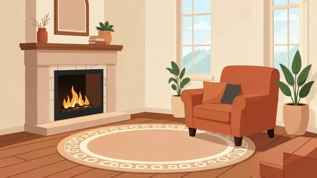 Flat vector illustration of a warm living room with a lit fireplace, orange armchair, and round patterned rug
