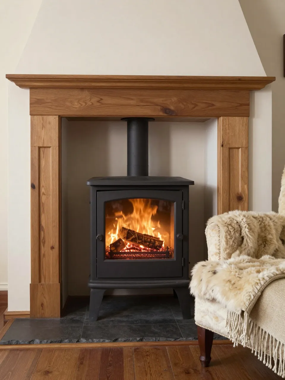 A burning wood-burning stove sits beside a sheepskin-covered armchair in a warm living room interior.