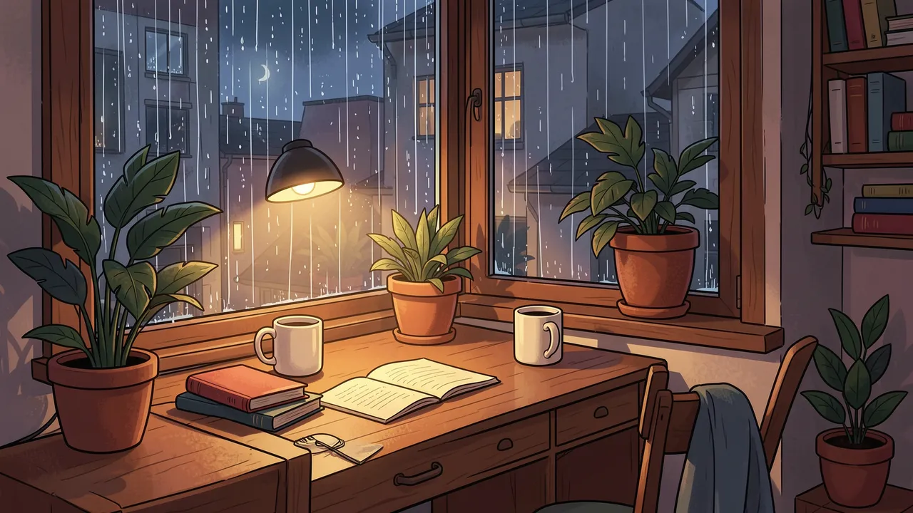 Illustrated wooden desk by a rainy night window with glowing lamp, mugs and potted houseplants
