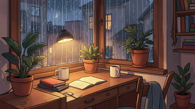 Illustrated wooden desk by a rainy night window with glowing lamp, mugs and potted houseplants