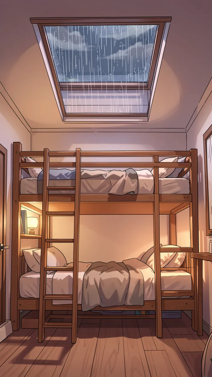 Anime style illustration of a wooden bunk bed under a rain streaked skylight with warm interior lamplight