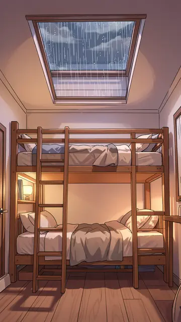 Anime style illustration of a wooden bunk bed under a rain streaked skylight with warm interior lamplight
