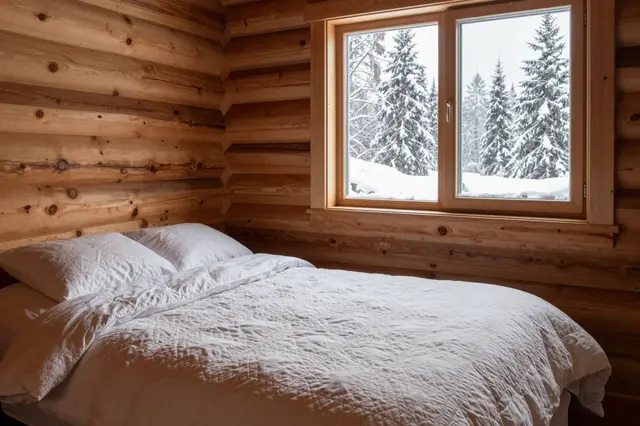 A knotty pine cabin bedroom with a white quilted bed beside a window overlooking snow-covered evergreen trees.