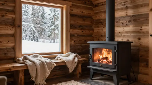 Warm log cabin interior with a burning wood stove, wool throws and snow visible outside the window