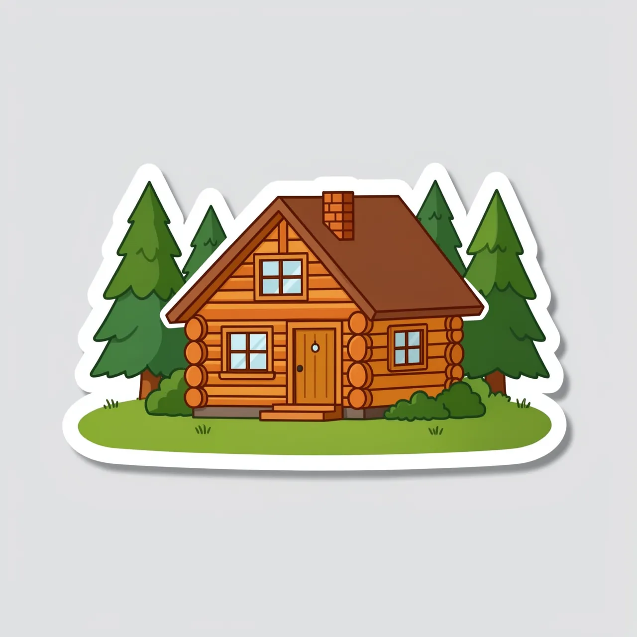 Die-cut sticker illustration of a cozy log cabin surrounded by pine trees on a light gray background