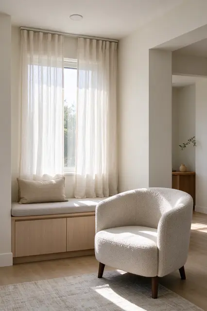 Sunlit small living room with built-in window bench, boucle armchair and sheer linen curtains