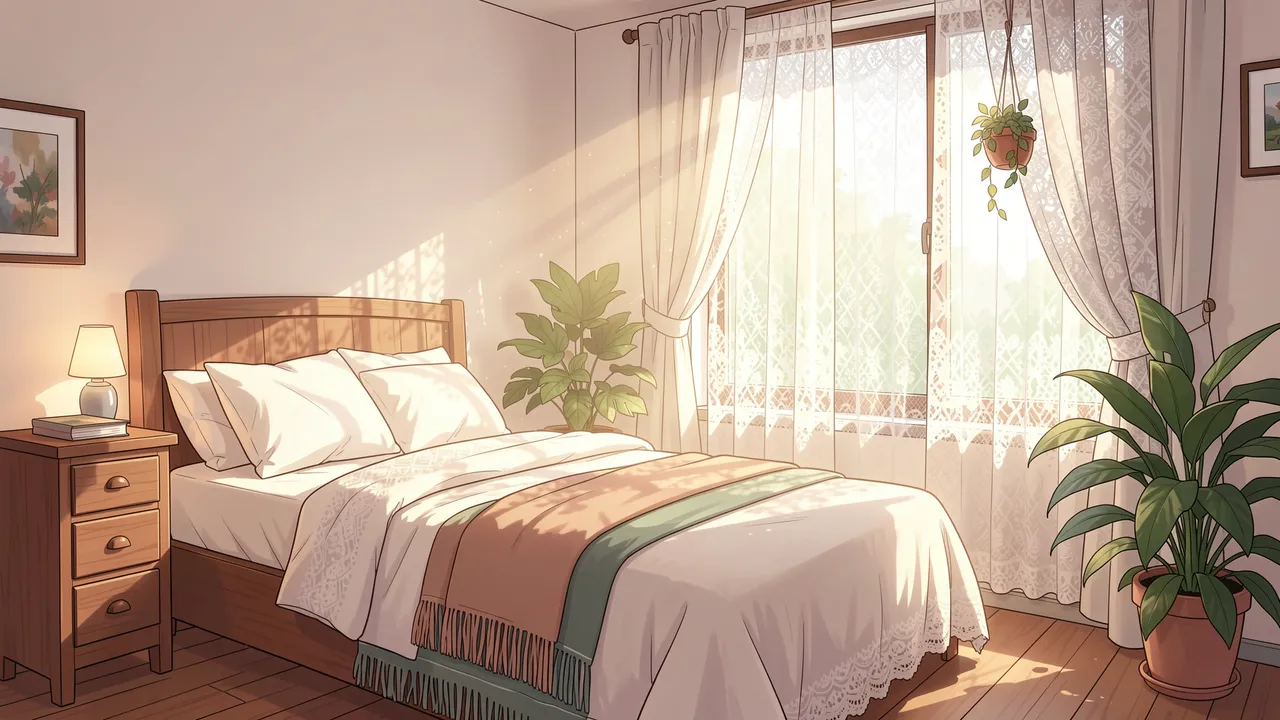 Sunlit cozy anime-style bedroom with lace curtains, a wooden bed, and potted houseplants.