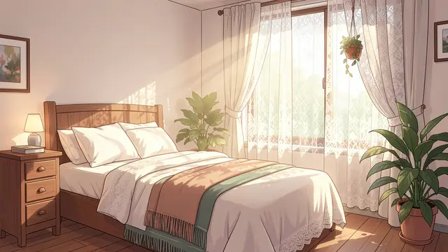Sunlit cozy anime-style bedroom with lace curtains, a wooden bed, and potted houseplants.