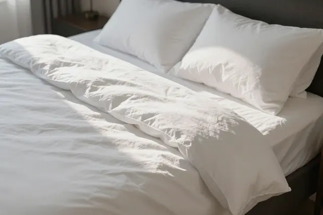 Unmade bed with soft white linens lit by gentle morning sunlight from a nearby window