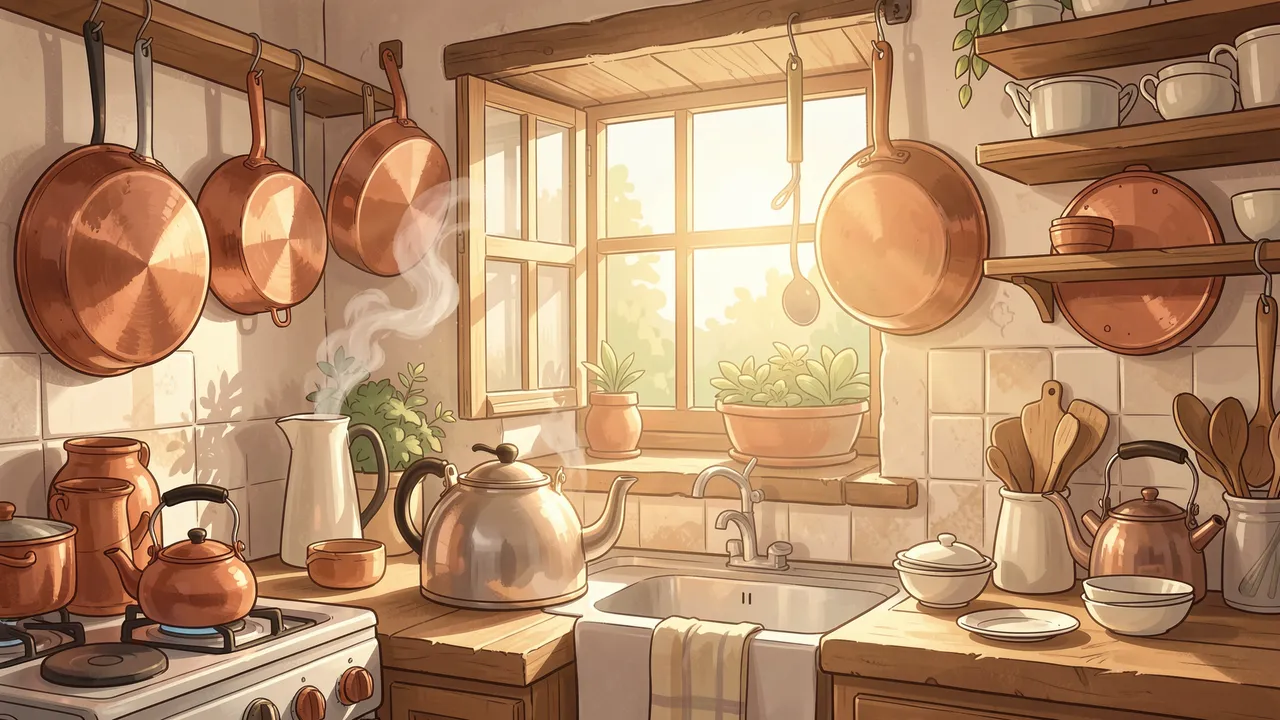 Sunlit illustrated kitchen with hanging copper pots, steaming kettles, and warm morning light through a wooden window