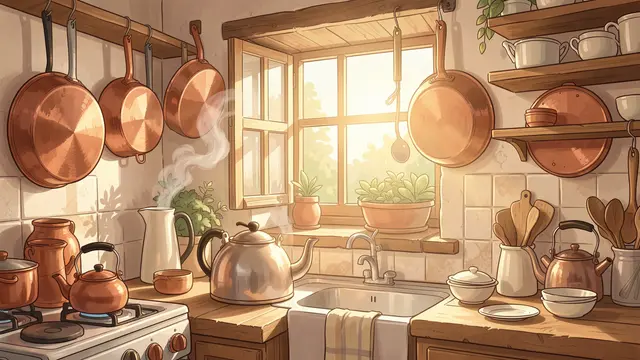 Sunlit illustrated kitchen with hanging copper pots, steaming kettles, and warm morning light through a wooden window