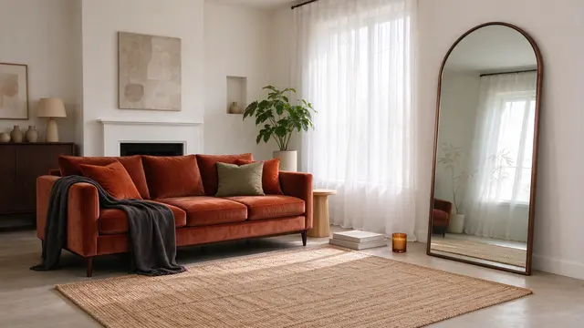 Bright modern living room with a rust velvet sofa, arched mirror, jute rug and sheer curtains