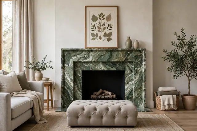 Warm minimalist living room centered on a veined green marble fireplace with a tufted ottoman below pressed leaf wall art.