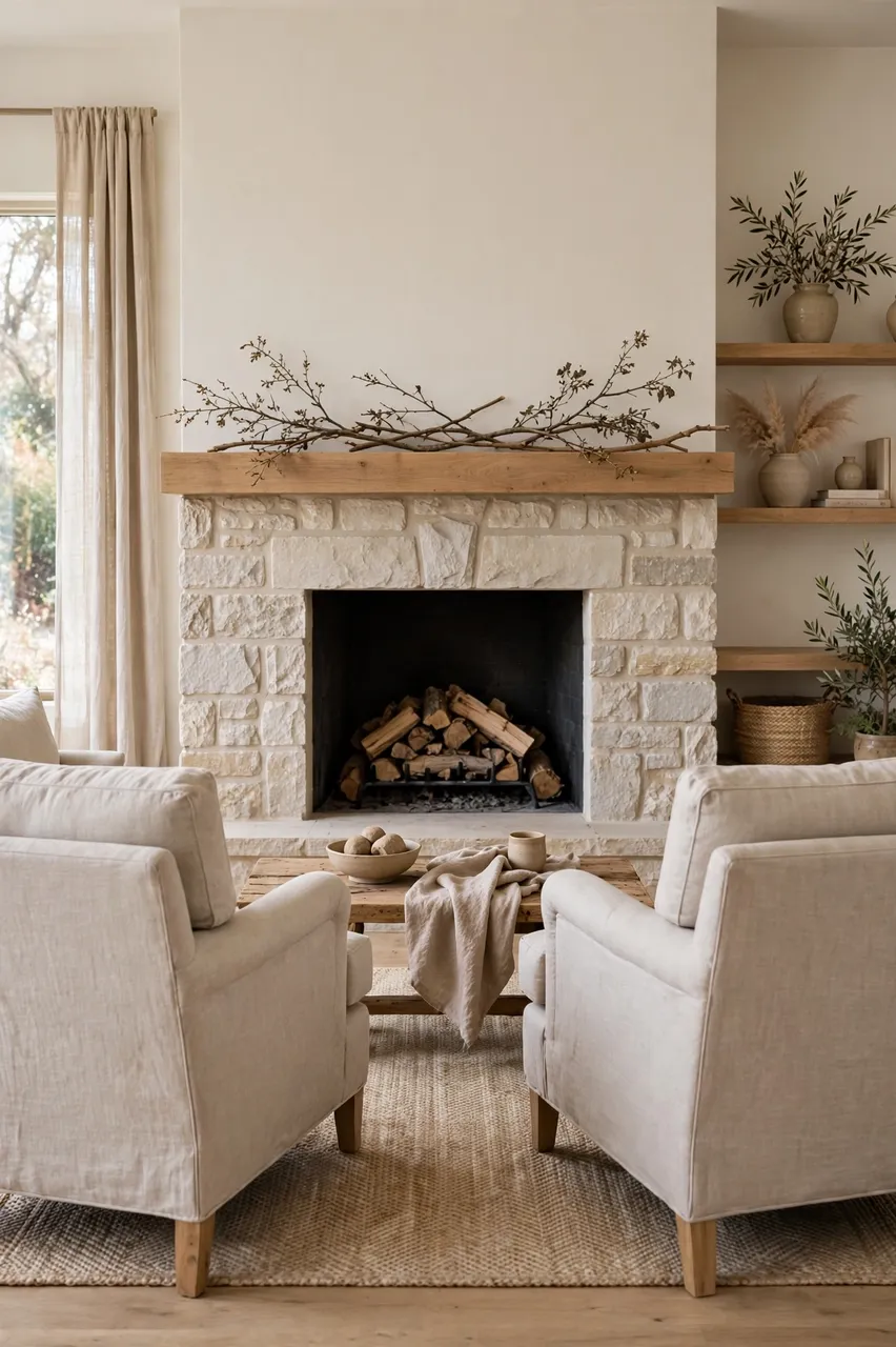 Bright neutral living room with limestone fireplace, linen armchairs, and natural decorative accents.