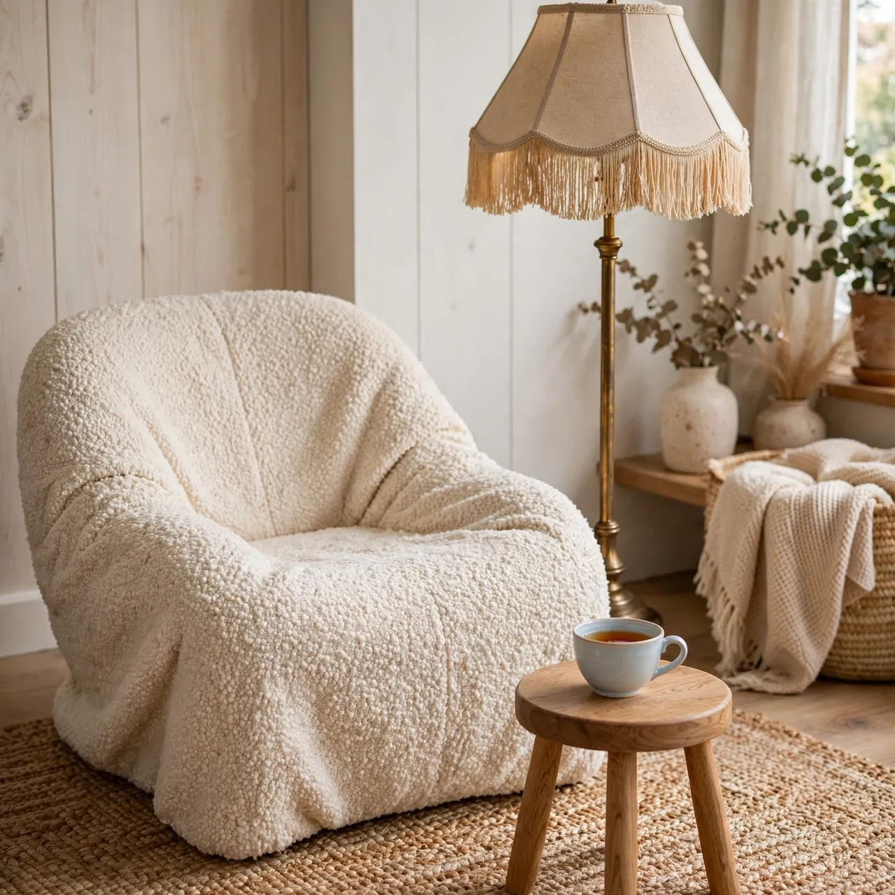 A soft boucle armchair, fringed floor lamp and teacup on a wooden stool form a calm home reading corner.