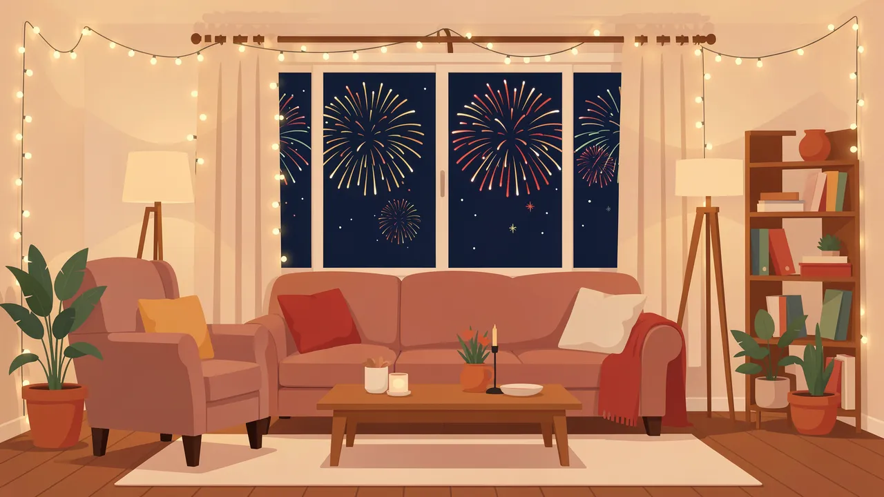 Cozy living room strung with fairy lights, with fireworks visible through the window at night