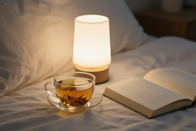 Warm bedside lamp, herbal tea in a glass cup, and an open book rest on rumpled bed linens at night