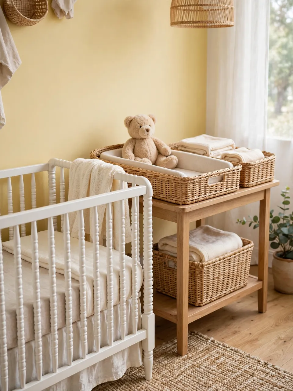 Bright soft yellow nursery room with a white spindle crib, woven changing table, and plush teddy bear.