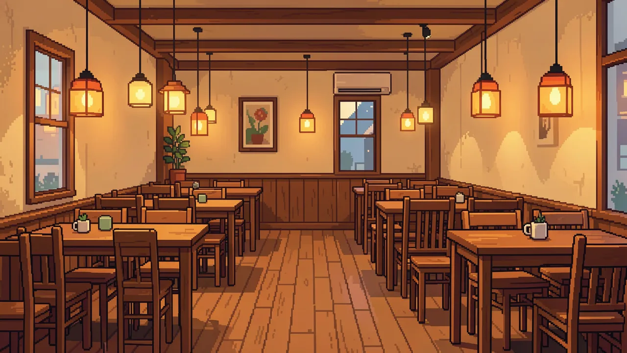 Empty warm lit retro 16-bit pixel art cafe interior with wooden tables and hanging pendant lamps