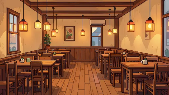 Empty warm lit retro 16-bit pixel art cafe interior with wooden tables and hanging pendant lamps