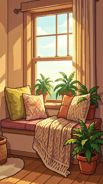 Retro pixel art illustration of a sunlit window seat with cushions, a knit blanket and potted ferns in warm afternoon light