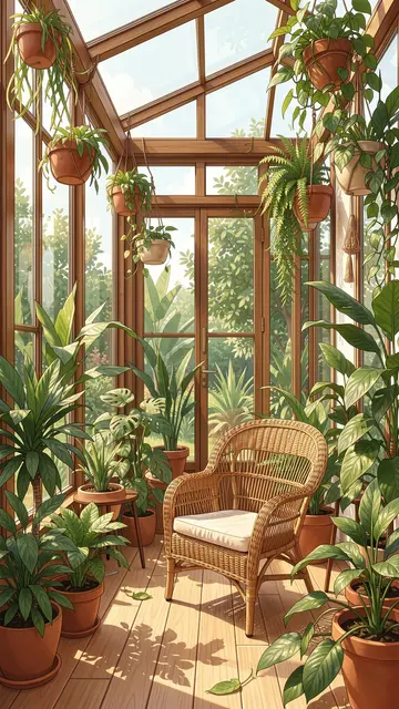 A bright sunroom filled with potted house plants and a woven wicker armchair in warm sunlight