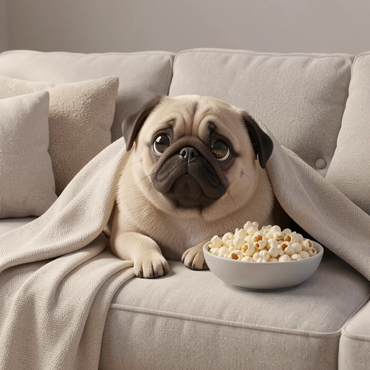 Cute round pug wrapped in a blanket sits on a sofa next to a bowl of popcorn